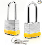 LanuBe Lock Laminated keyed Padlock (1-9/16", 40mm), keyed Alike Locks, Long Shackle,Marked Yellow Plastic Hoop, Pack of 2