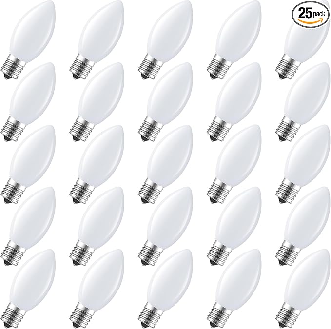 Brightown C9 LED Replacement Christmas Bulbs, 25 Pack White Shatterproof C9 Bulbs, Waterproof Commercial LED Holiday Bulb for Christmas String Light, E17 Intermediate Base, Dimmable