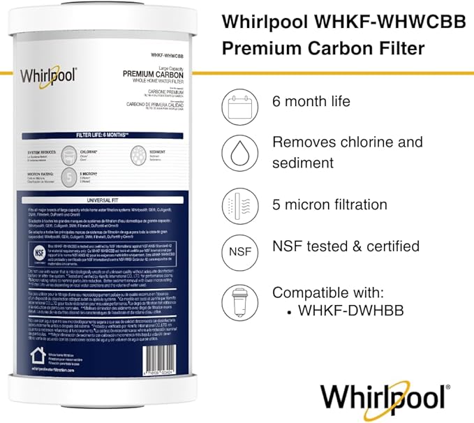 Whirlpool 10" x 4.5" Premium Carbon Water Filter WHKF-WHWCBB, NSF Certified 5 Micron Reduces Chlorine and Sediment, 6-Month Life, Large Capacity Replacement Cartridge Fits Most Home Filter Housings
