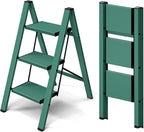 Taranta 3 Step Ladder,Aluminum Lightweight Folding 3 Step Stool with Anti-Slip Wide Pedal,330lbs Capacity Step Ladder for Household,Kitchen,Office - Green
