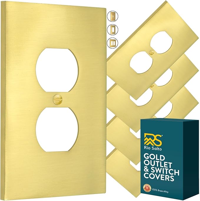 Rio Salto Modern Metal Vibrant Yellow Gold Wall Outlet Cover Outlet Cover Duplex or Light Switch Plug Wall Plate Electric Outlet Covers Gold Receptacle Covers - Midsize 1 Gang 5-Pack