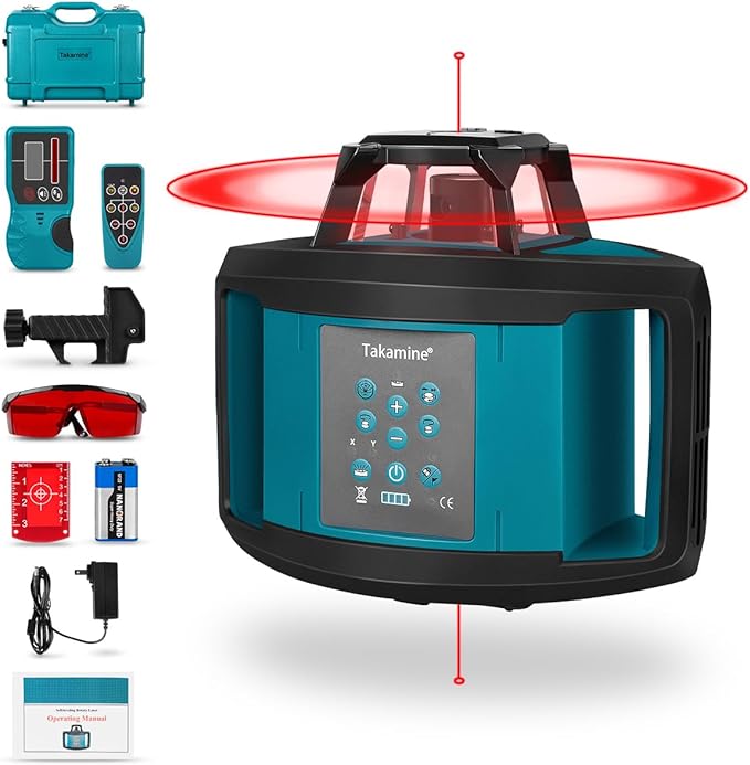 Takamine Rotary Laser Level Kit, Red Beam 635nm Wavelength, 800M Measuring Range, Horizontal/Vertical Self-Leveling, 5 Scan Angle and Rotation Speed Adjustment, Includes Remote Control, Receiver.