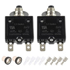 15A Manual Reset Push Button Circuit Breaker 125/250V AC 50V DC Thermal Overload Protector with Quick Connect Terminals and Waterproof Button Caps Assortment Kit(Pack of 2 pcs)