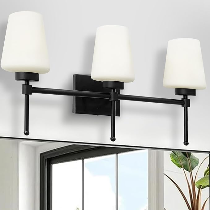 Bathroom Vanity Light Fixtures Brushed Black Over Mirror with Milk Glass Shade Wall Sconce Lighting Lamp Bath 3-Lights (Exclude E26 Bulb)