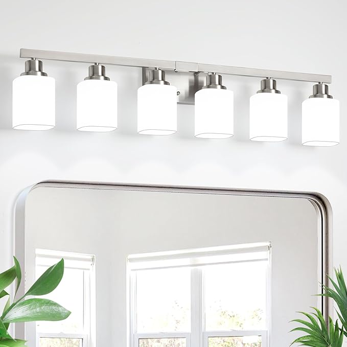 6-Light Bathroom Vanity Light,Brushed Nickel Vanity Lights with Square Frosted Glass,Modern Bathroom Wall Lights Fixtures Over Mirror,Wall Sconces Lighting for Bedroom Living Room,E26