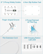 Short Extension Cord 1 ft - 2 Prong Power Strip 1700J Appliance Surge Protetor with 15A 8 Outlets 6 USB (5V/4.8A 24W) Charging Ports, Multi Plug Wall Outlet Extender for Home Office Dorm Roomc, White