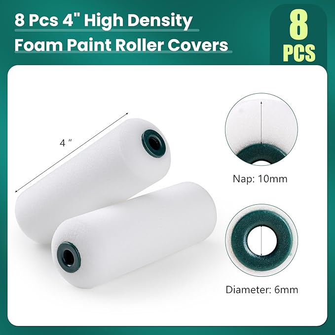 Foam Paint Roller, 8 Pack, 4 Inch Small Paint Roller Kit with High-Density Foam Paint Roller Covers, Mini Paint Rollers for Painting Walls, Suitable for Wall, Cabinets, Ceilings.