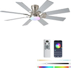 52 inch Ceiling Fan with Light, 6 Speeds Reversible Low Profile Ceiling Fan with Light and Remote/APP Control, 3 Color Temp+Dimmable RGB, 8 Blades, Flush Mount Quiet Ceiling Fans, Nickel