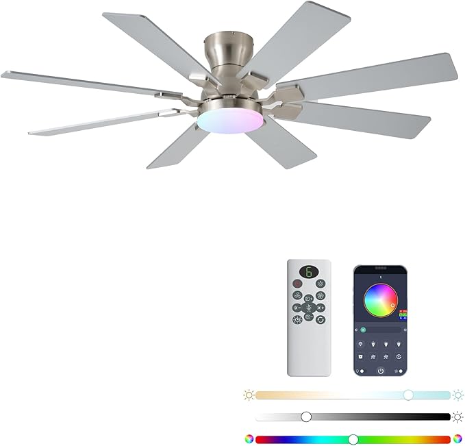 52 inch Ceiling Fan with Light, 6 Speeds Reversible Low Profile Ceiling Fan with Light and Remote/APP Control, 3 Color Temp+Dimmable RGB, 8 Blades, Flush Mount Quiet Ceiling Fans, Nickel