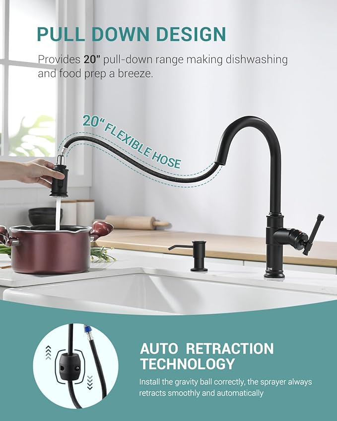 Matte Black Kitchen Faucets with Pull Down Sprayer, DAYONE Single Handle Stainless Steel Kitchen Faucet One Hole High Arc Farmhouse Sink Faucets with Soap Dispenser, DAY-136MB