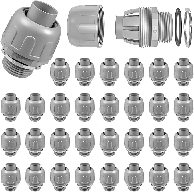32-Pack 3/4 Inch Liquid Tight Connector NPT Non-Metallic PVC Electrical Flexible Conduit Fittings, UL Listed - 180 Degree Straight, Grey