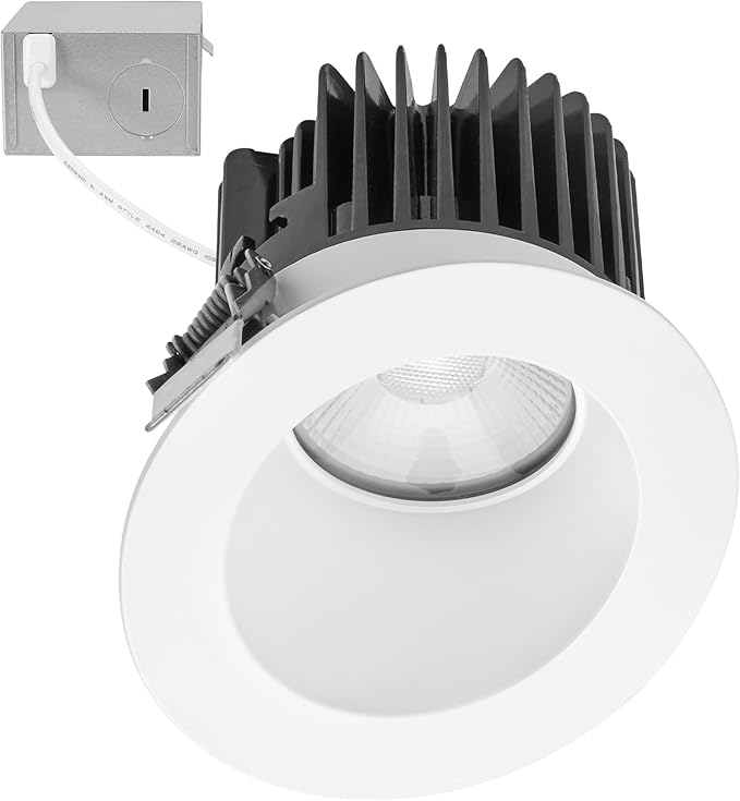 Maxxima 4" Canless Sloped Recessed Anti-Glare LED Downlight, For Sloped Ceilings, 1000 Lumens, IC Rated, 5 Color Temperature Selectable 2700K/3000K/3500K/4000K/5000K, Dimmable, Round White Trim 90 CRI
