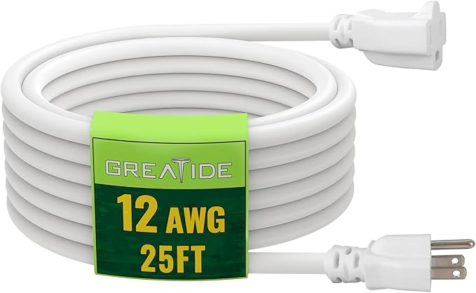 25 Ft Outdoor Extension Cord - 12/3 SJTW Heavy Duty White Extension Cable with 3 Prong Grounded Plug - Power Cord for Lawn, Garden, Appliances