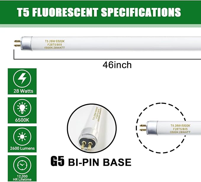 46 Inches F28T5/865/ECO 6500K, T5 28 Watts Fluorescent Light Bulb Daylight, T5 Fluoerscent Tube, Medium Bi-Pin Base, 2550 Lumens CRI 85 25 Pack