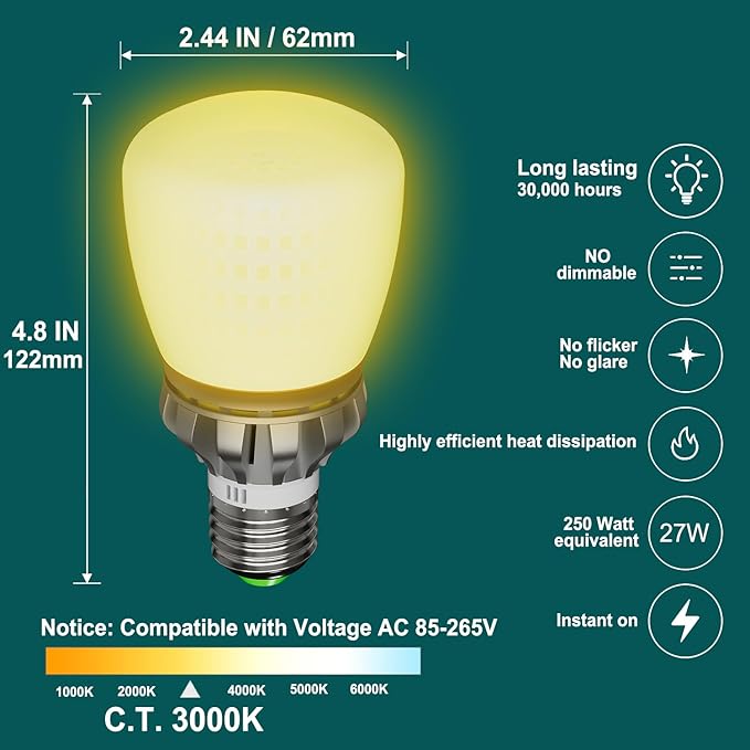LED Light Bulbs A19 250 Watt Equivalent, Bright LED Bulbs 3670LM 3000K Warm White, 27W E26 LED Corn Light Bulb Non-Dimmable 2-Pack