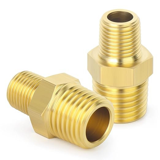 TAISHER 2PCS Brass Pipe Fitting, Reducer Adapter, Hex Nipple, 3/8-Inch Male Pipe x 1/8-Inch Male Pipe