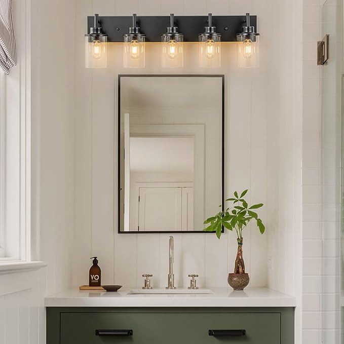 GoYeel Black Vanity Light Fixture 5 Light, Matte Black Bathroom Lighting Fixtures Over Mirror Bathroom Wall Light Modern Restroom Light Fixture Farmhouse with Clear Glass Shade