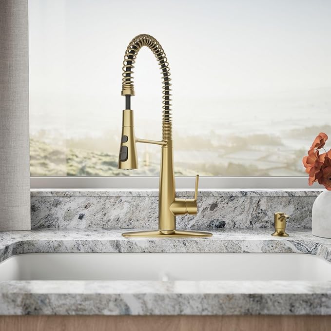 KOHLER K-REC22745-SD-2MB Semi-Professional Kitchen Faucet with Soap Dispenser/Lotion Dispenser, Commercial Kitchen Sink Faucet with Pull-Down Sprayhead, Vibrant Brushed Moderne Brass
