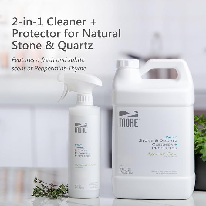 MORE Stone & Quartz Cleaner + Protector - Granite, Quartz & Marble Cleaner - For Kitchen & Bathroom Countertops - Water-Based Surface Spray - Peppermint-Thyme Essential Oil - Pint + Gallon Bundle