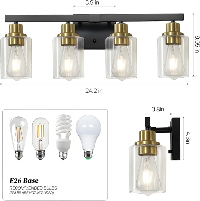 Bathroom Vanity Light, 4-Light Black and Gold Bathroom Light Fixtures with Clear Glass Shade, Bathroom Lighting Fixtures Over Mirror,Bath Black Wall Lights for Mirror Bedroom,Living Room