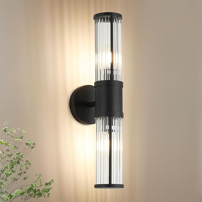 Bathroom Light Fixtures 2-Light Matte Black Bathroom Vanity Light Modern Wall Lights for Bedroom Bath Mirror Lights with Glass Rods Shades for Mirror Bedroom Hallway