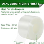 Transparent Window Weather Sealing Tape 2 Inch x 35 Yards Weather Stripping Residue Free Clear Window Draft Isolation Sealing Film Tape for Doors Windows and Shower Glass Gaps