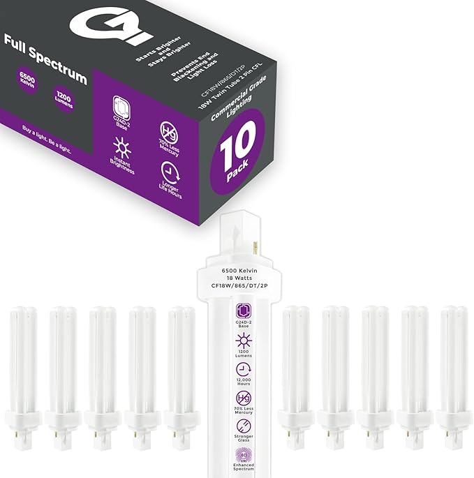 GoodBulb 18 Watt CFL Light Bulbs 2 Pin G24D-2 Base 6500K Full Spectrum 18W High Output 1200 Lumens Double Tube Compact Fluorescent Light Bulbs Plug-in 10 Pack