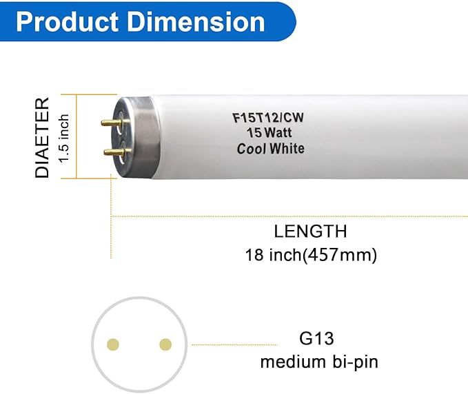 F15T12-CW T12 15 Watt 18 Inch Fluorescent Light Bulb,F15T12-CW 15 Watt Cool White,4100K,T12 Linear Fluorescent Lamp,Medium Bi-Pin G13 Base,850 Lumens(4Pack)