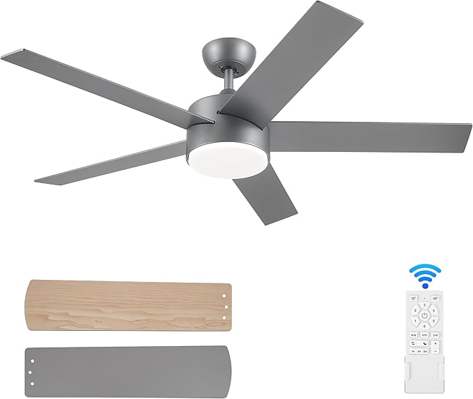 52 inch Ceiling Fans with Lights and Remote Control Silver, Modern Ceiling Fan Dimmable 3 CCT Temperatures 6-Speed, Quiet LED Ceiling Fan for Bedroom, Living Room