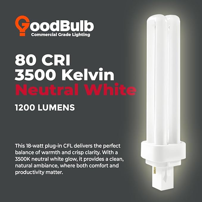 GoodBulb 18 Watt CFL Light Bulbs 2 Pin G24D-2 Base 3500K Neutral White 18W High Output 1200 Lumens Double Tube Compact Fluorescent Light Bulbs Plug-in 10 Pack
