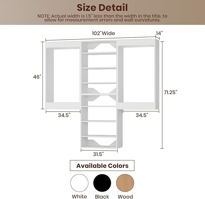ROOMTEC Modular Closet System, 102" Wall-Mounted Closet Organizer with Hanging Rods and Shelves, Wooden Tower for Walk-In Closets, Wardrobe Storage Kit, White