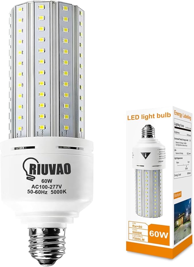 60W LED Corn Bulb 500W Equivalent Led Light Bulb 7500 Lumen Bright 5000K Daylight White E26/E27 Medium Base for Large Area Outdoor Indoor Garage Warehouse Factory Backyard