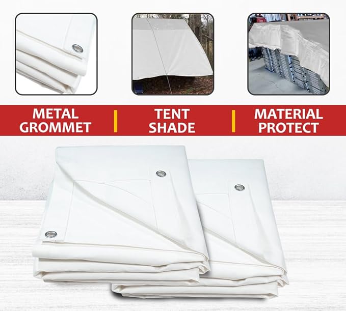 Mytee Products 12' x 16' White Canvas Tarp 12oz - Water Resistant & Breathable - Heavy Duty Tarps - Multipurpose Tarpaulin Cover for Camping Tent