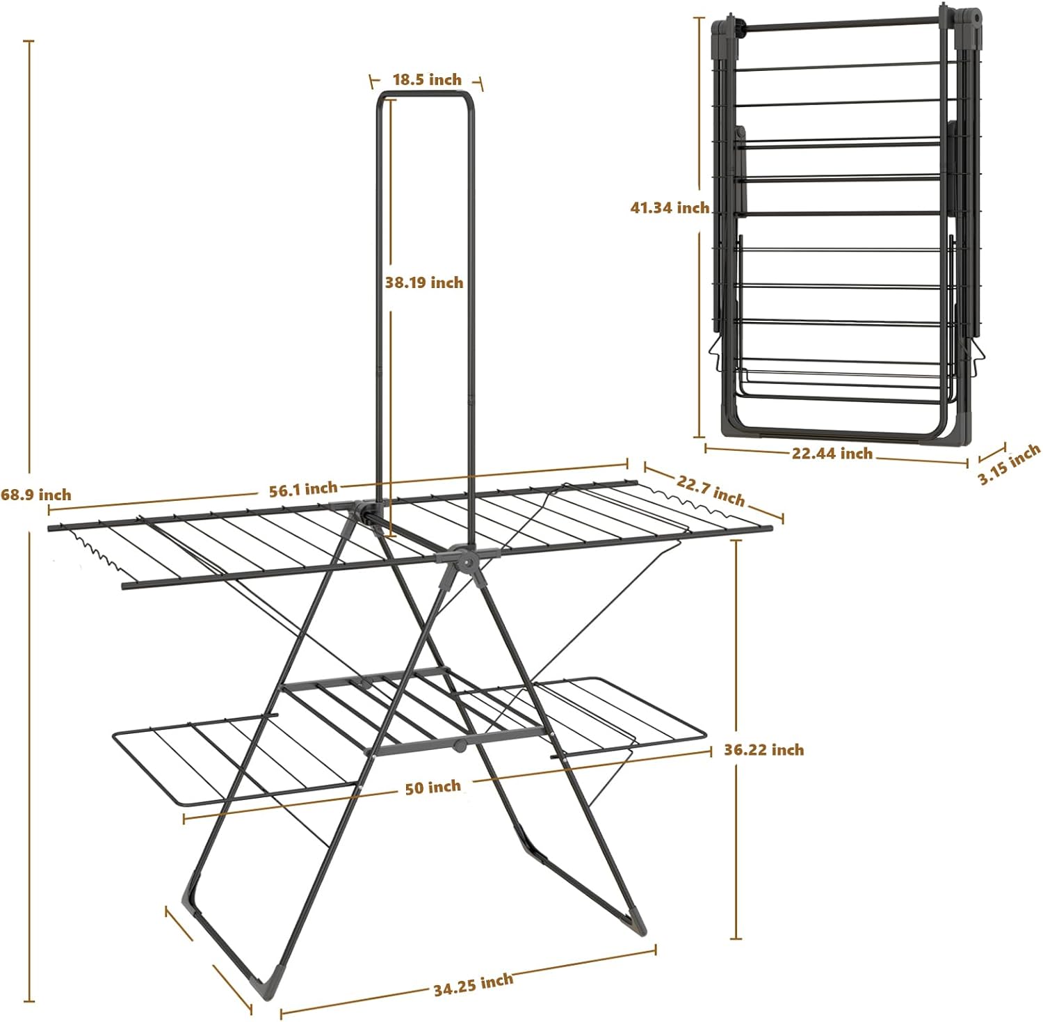 Bigzzia Clothes Drying Rack Foldable, 68.9Inch High Hanger Laundry Drying Rack with 4 Height-Adjustable Wings, Lightweight and Space Saving Clothes Airer for Apartments, Dorms, Camping