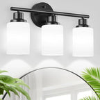3-Light Bathroom Light Fixtures, Black Vanity Lights for Mirror with Textured Milky White Glass Shade, E26 Base Modern Kitchen Light Fixtures Wall Sconce Light