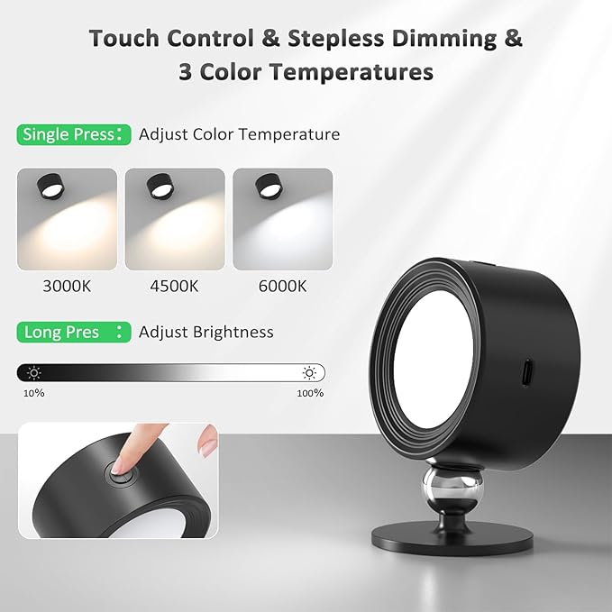 LED Wall Lights, Wall Lamp 3 Color Temperatures & Dimmable Magnetic 360° Rotation with Remote, Wall Sconces 2 Pcs with 3000mAh Rechargeable Battery, Cordless Wall Light for Reading Bedside Hallway