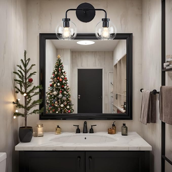 Globe Shade with Brass Accents Double Light Sconce, Chrome Bathroom Sconces, Indoor Sconce Wall Lights, 17.5" w x 10.5" d x 12.5" h (Matte-Black)