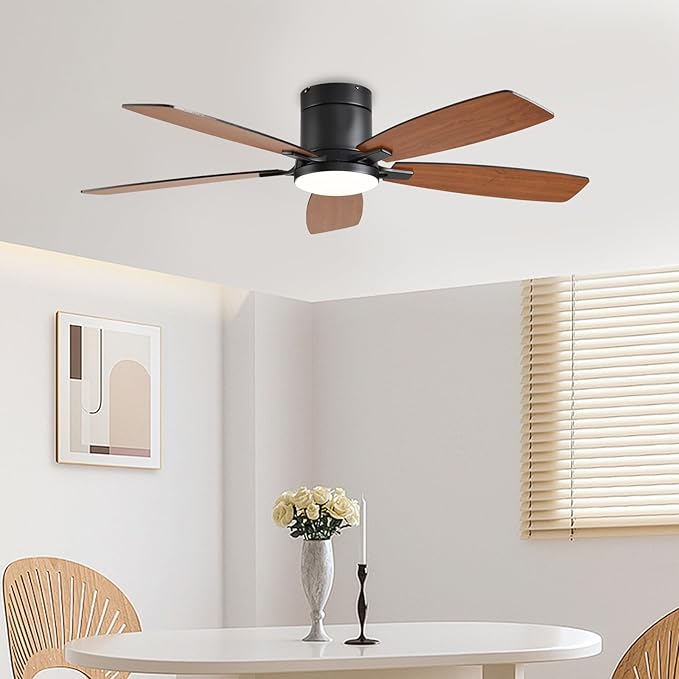 52inch Ceiling Fans with Lights, Low Profile Ceiling Fan with Light and Remote Control/APP Control, Flush Mount, Reversible Motor, Dimmable, Noiseless, Brown Ceiling Fan for Bedroom (Brown)