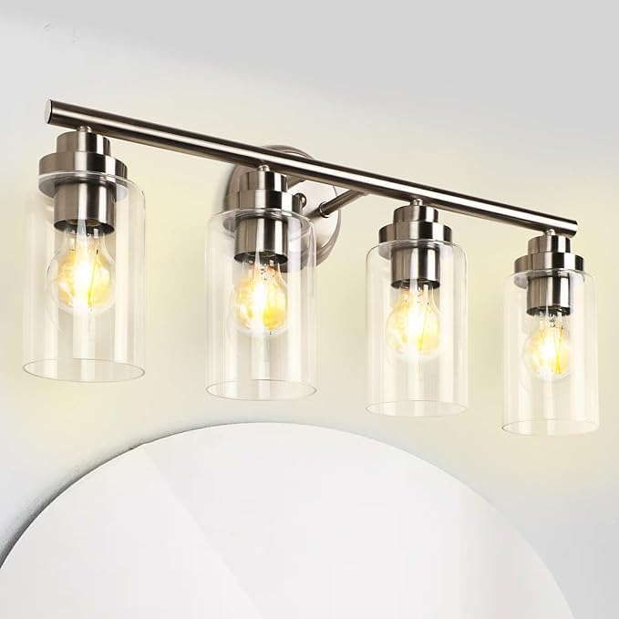 DLLT Bathroom Light Fixtures, Silver 4-Light Wall Sconces Lighting with Clear Glass Shade, Bath Vanity Light for Power Room, Mirror, Kitchen, Bedroom, Hallway (E26 Base Bulbs Not Included)