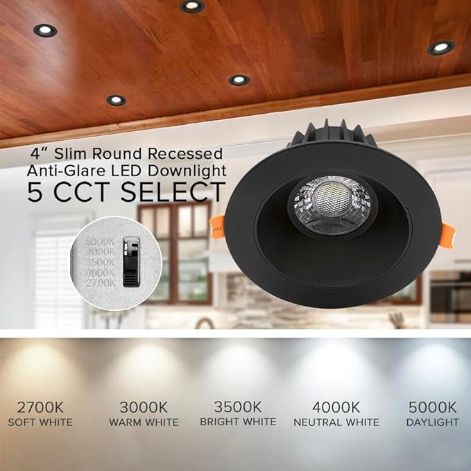 Maxxima 4 in. Ultra Thin Recessed Anti-Glare LED Ceiling Downlight - Canless IC Rated, 1050 Lumens, 5 CCT 2700K/3000K/3500K/4000K/5000K, Dimmable, Round Black Trim, 90 CRI, J-Box Included