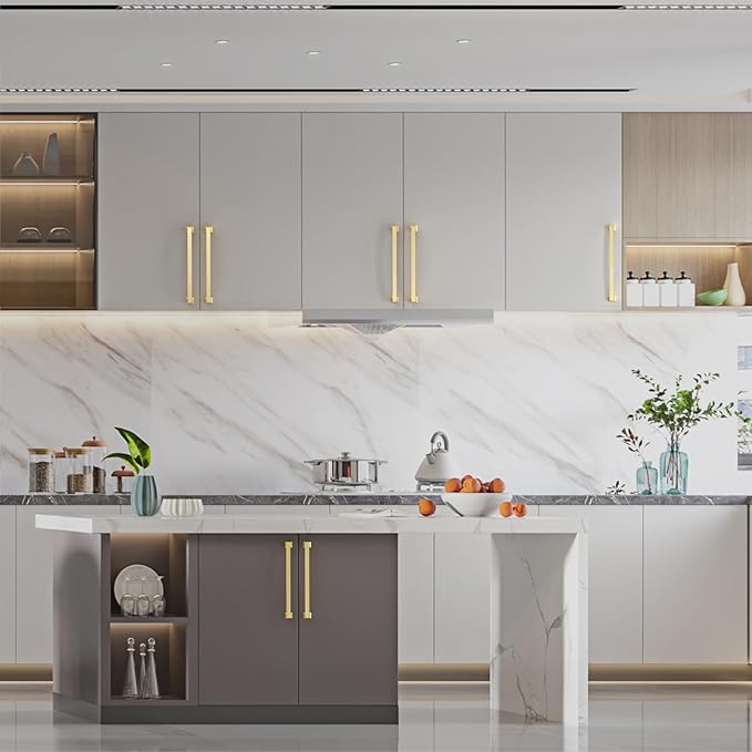 Asidrama 10 Pack 6.3 Inch(160mm) Hole Centers Kitchen Cabinet Handles, Brushed Gold Cabinet Pulls Kitchen Cabinet Hardware for Cupboard Drawer Pulls