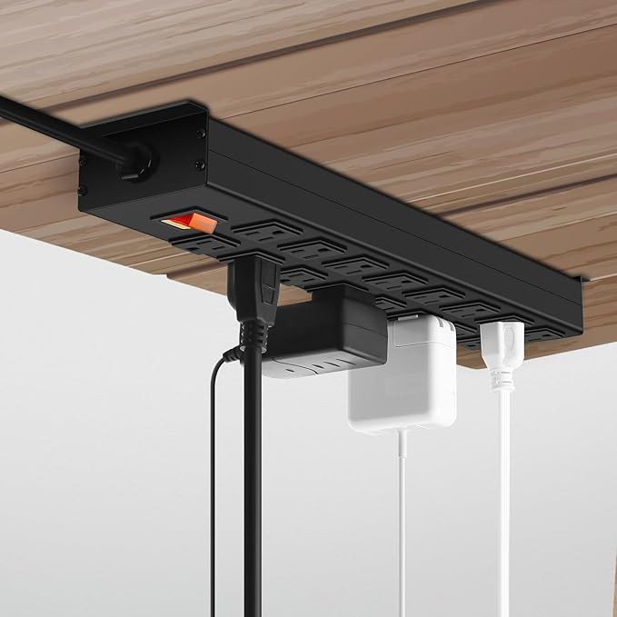 HHSOET Metal 16 Outlet Mountable Power Strip, Wall Mount Garage Workbench Socket, Gaming Table Surge Protector with 15 FT Power Cord.(Black)