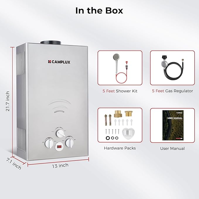 CAMPLUX Tankless Water Heater - 2.64GPM Portable Propane Heater for Off Grid, Camping, Outdoor Shower - 68,000 BTU - BW264G - Gray