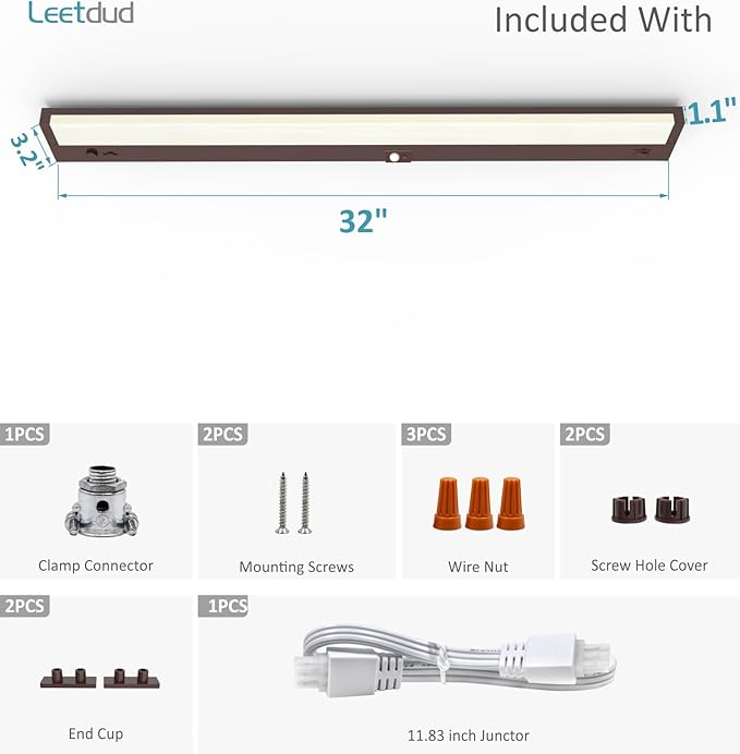 LED Under Cabinet Lighting Motion Sensored Hardwired with Built-in Dimmer, 32 Inch 16W Dimmable 5 Color 2700/3000/3500/4000/5000K, Linkable Eyes Care for Kitchen, Counter, ETL Listed, Bronze