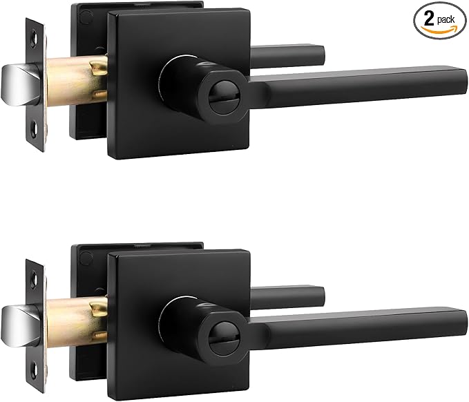 Probrico Privacy Black Door Handle Interior Lockset Heavy Duty Square Door Lever for Bedroom or Bathroom Reversible Keyless Slim Handleset Door Knob 2 Pack