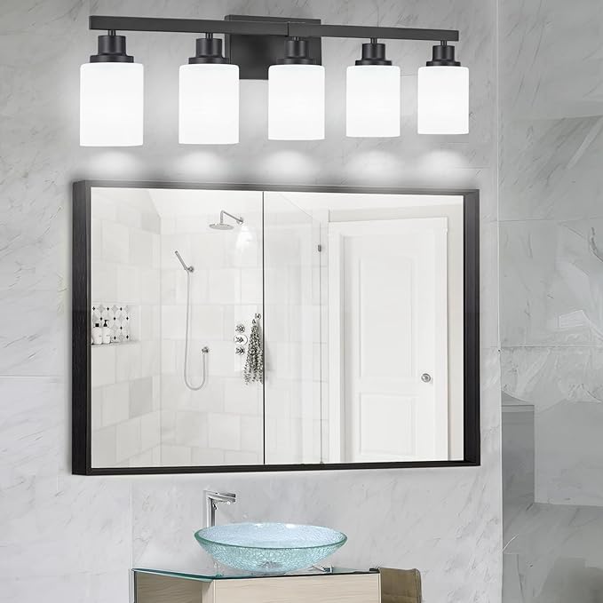 Bathroom Vanity Light, 5-Light Vanity Lighting Fixture Over Mirror for Bathroom, 30" Matte Black Wall Light Fixture, Wall Sconces with Frosted Glass Shade for Mirror Bedroom Living Room