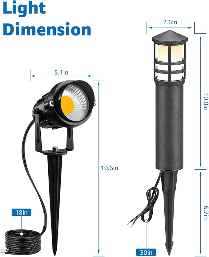 SUNVIE 12-Pack Low Voltage Landscape Lighting Kit LED Bollard Pathway Lights Wired with Spotlights for Garden, Path, Yard, Patio, Cast-Aluminum, IP65 Waterproof, 12-24V AC/DC, 3000K Warm White, Black