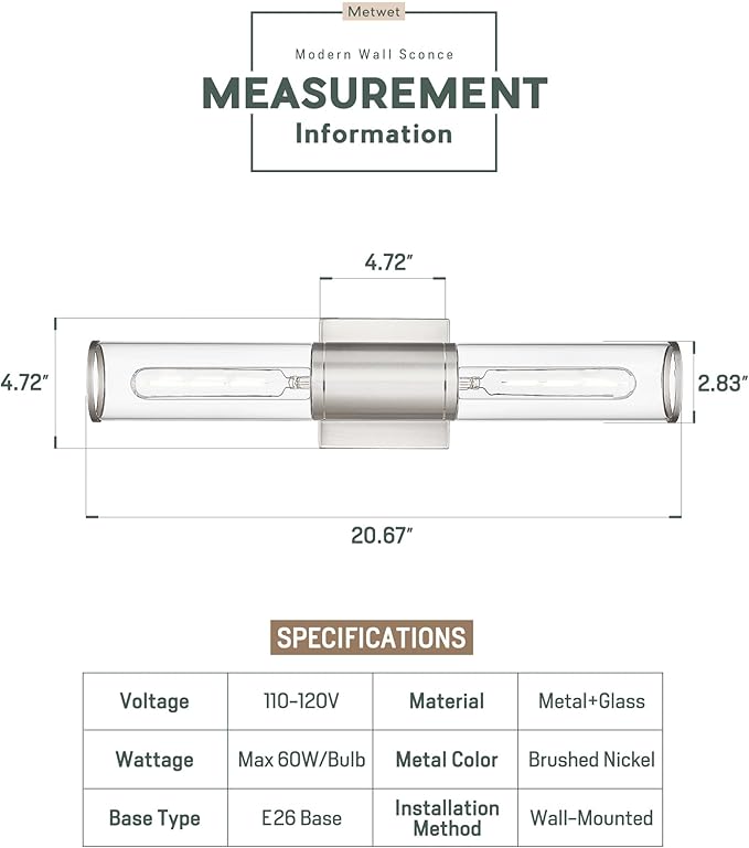 Bathroom Light Fixtures, Brushed Nickel Vanity Lights Over Mirror with Cleae Glass Shade, 2-Light Modern Wall Sconces Up and Down Wall Lamp for Bathroom Bedroom Hallway, VL834-BN-CH