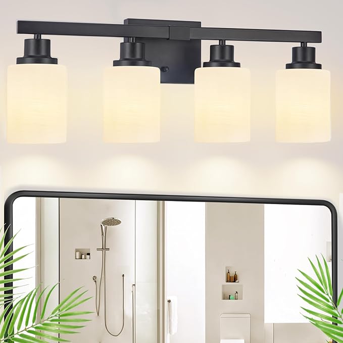 Bathroom Light Fixtures, 4-Light Matte Black Bathroom Vanity Lights with Milky White Glass Shade, Bathroom Lights Over Mirror Wall Lamp Sconces for Mirror Bedroom, Living Room Hallway