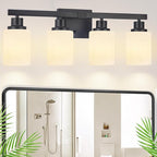 Bathroom Light Fixtures, 4-Light Matte Black Bathroom Vanity Lights with Milky White Glass Shade, Bathroom Lights Over Mirror Wall Lamp Sconces for Mirror Bedroom, Living Room Hallway